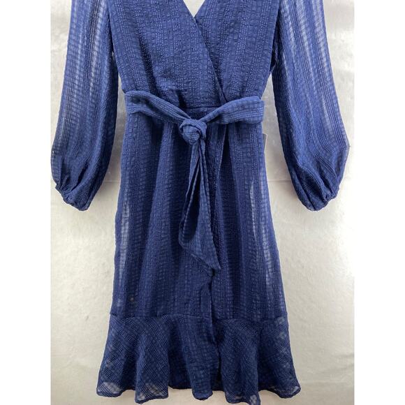 NWT NSR Dress Womens Sz M‎ Blue Ruffle Lined Wrap Neck Tie Crape Long Sleeve - Picture 3 of 12